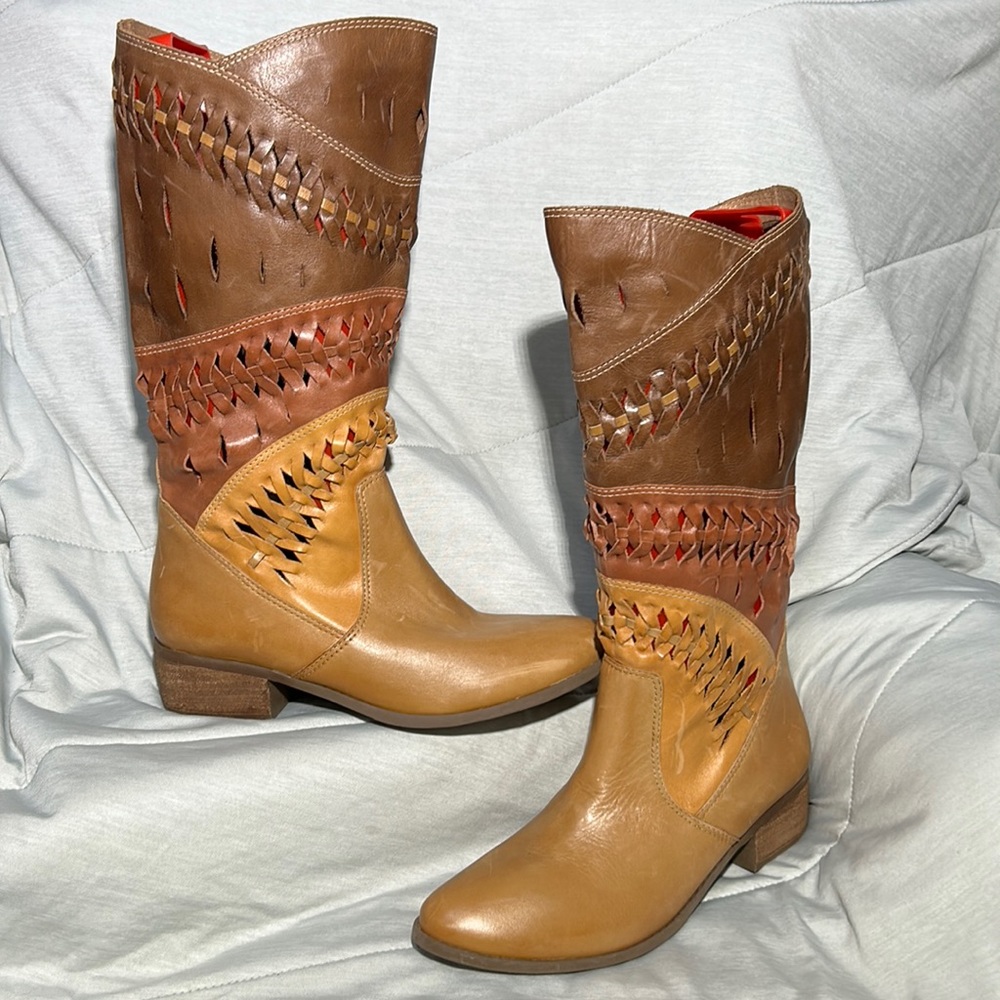 NEW Matisse 9 Soft Leather Braided Accent Boots Brown Tan Red Camel Gorgeous